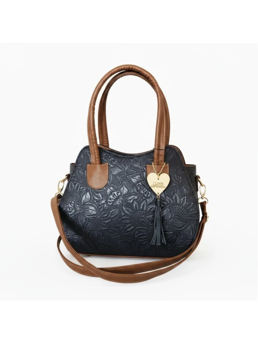 Marine Navy Blue Brown Sunflower Embossed Tooled Artisan LEATHER Hobo Bag Purse